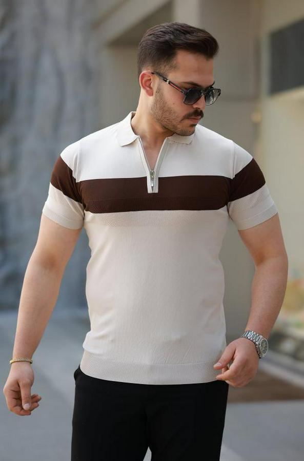 Fermuar Yakalı Şerit Renk Desenli Kısa Kollu Tişört