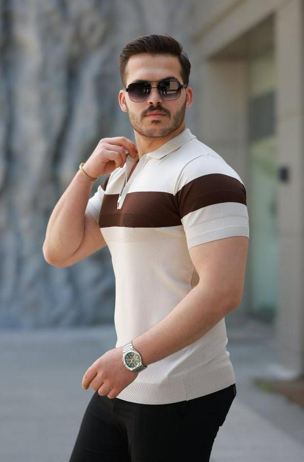 Fermuar Yakalı Şerit Renk Desenli Kısa Kollu Tişört