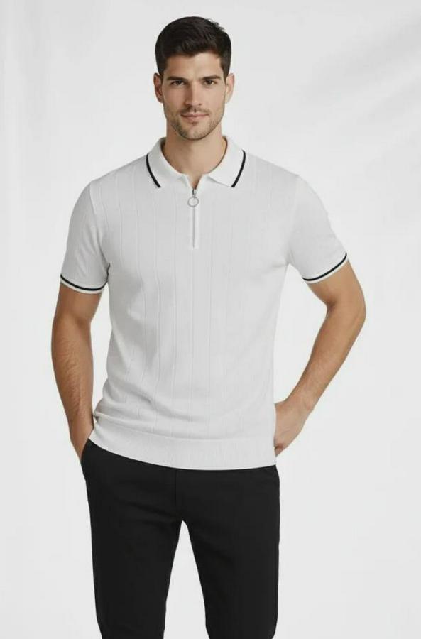 Fermuarlı Yaka Fitilli Triko Kısa Kollu Regular Fit Tişört T-Shirt