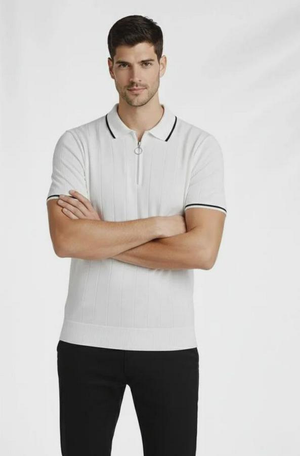 Fermuarlı Yaka Fitilli Triko Kısa Kollu Regular Fit Tişört T-Shirt