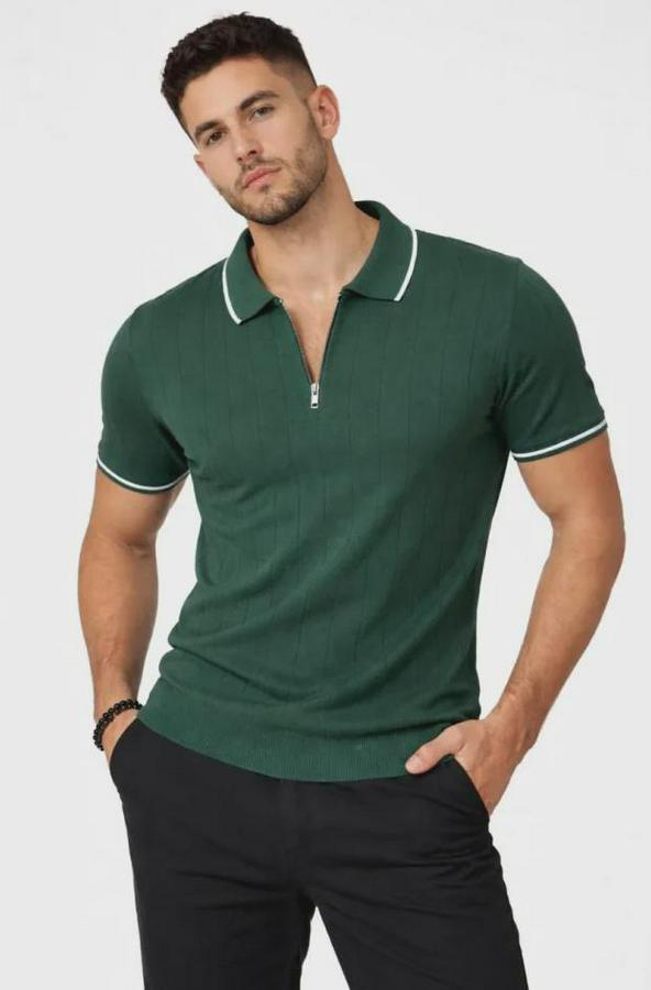 Fermuarlı Yaka Fitilli Triko Kısa Kollu Regular Fit Tişört T-Shirt