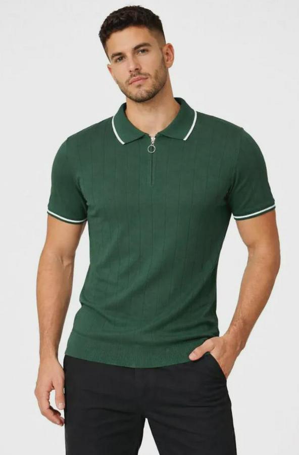 Fermuarlı Yaka Fitilli Triko Kısa Kollu Regular Fit Tişört T-Shirt