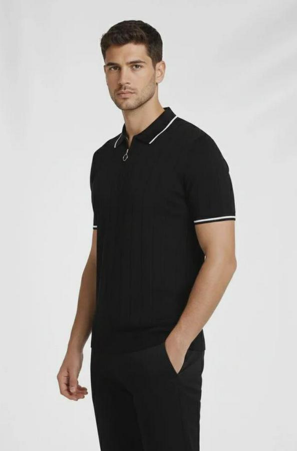 Fermuarlı Yaka Fitilli Triko Kısa Kollu Regular Fit Tişört T-Shirt