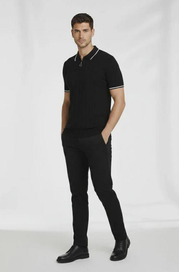 Fermuarlı Yaka Fitilli Triko Kısa Kollu Regular Fit Tişört T-Shirt