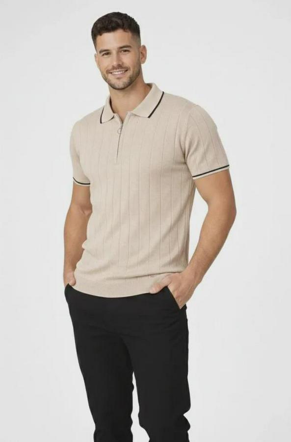 Fermuarlı Yaka Fitilli Triko Kısa Kollu Regular Fit Tişört T-Shirt