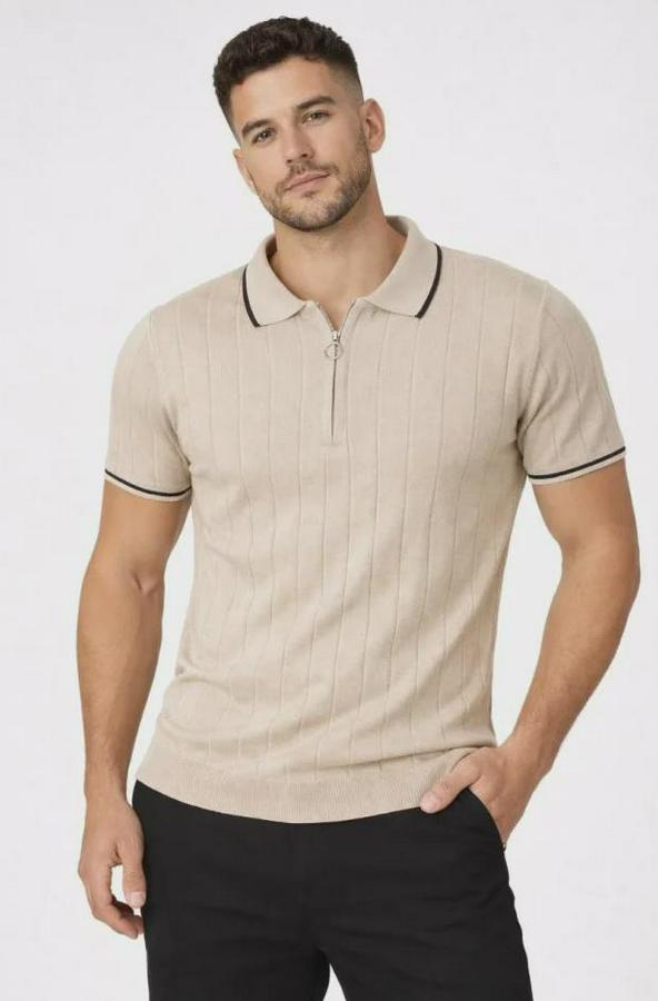 Fermuarlı Yaka Fitilli Triko Kısa Kollu Regular Fit Tişört T-Shirt