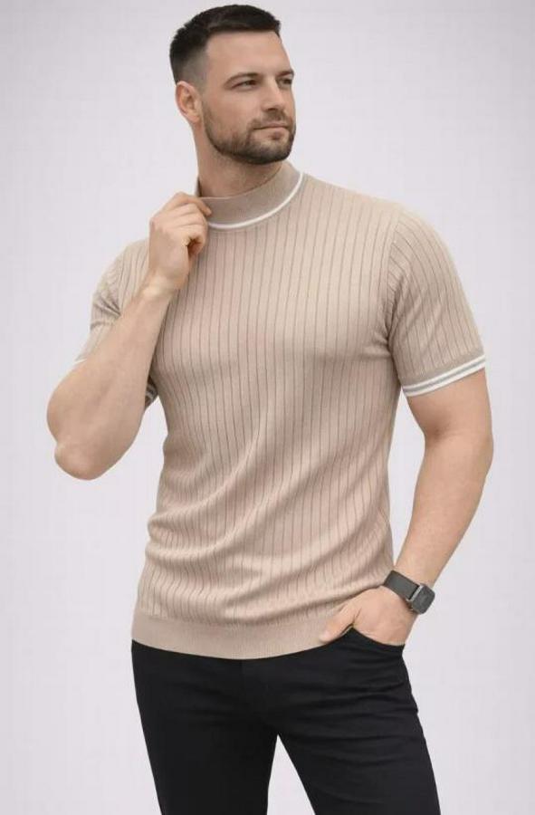 Fitilli Triko Dokuma Kısa Kol Tişört Yarım Boğaz Modern Yazlık T-Shirt