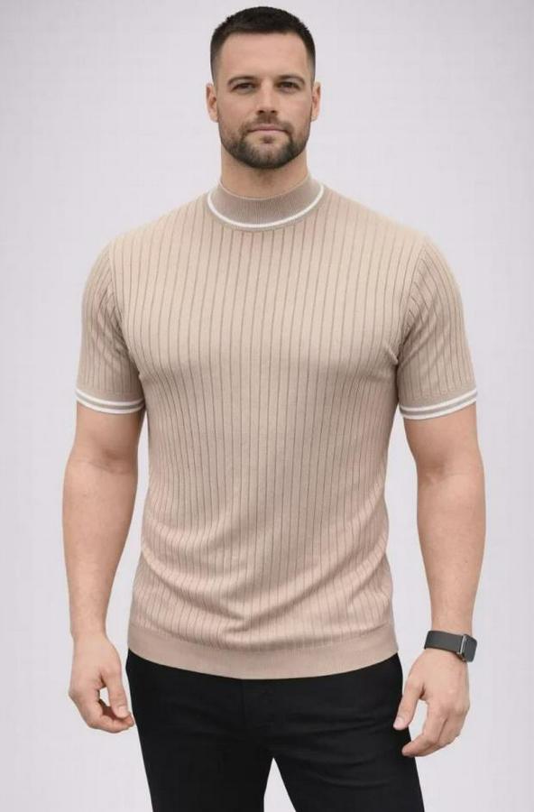 Fitilli Triko Dokuma Kısa Kol Tişört Yarım Boğaz Modern Yazlık T-Shirt
