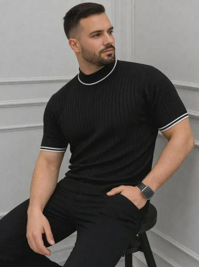 Fitilli Triko Dokuma Kısa Kol Tişört Yarım Boğaz Modern Yazlık T-Shirt