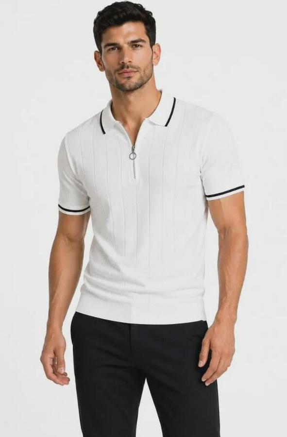Fitilli Triko T-Shirt Polo Yaka Yarım Fermuarlı Kısa Kollu Tişört