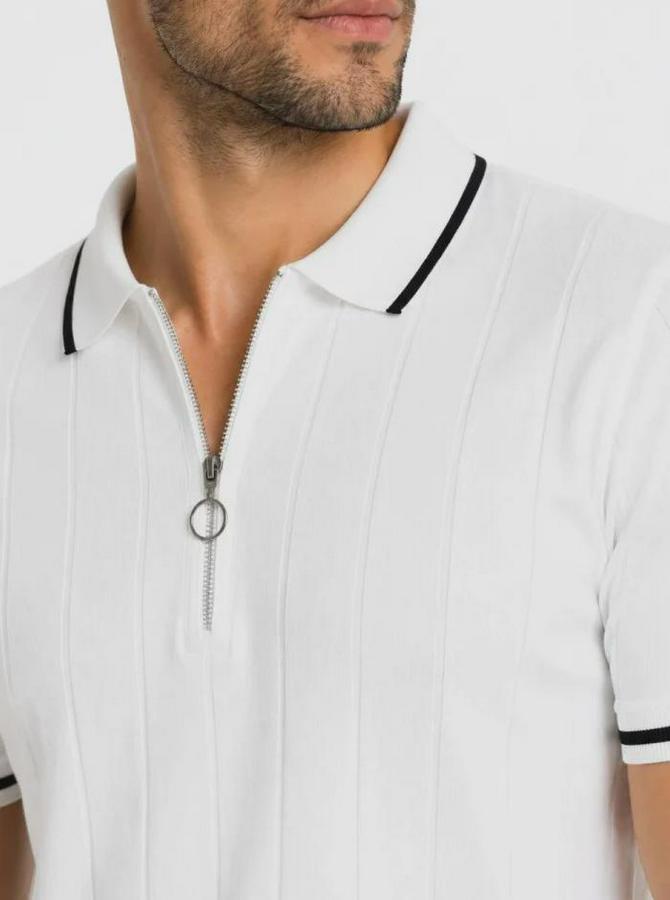 Fitilli Triko T-Shirt Polo Yaka Yarım Fermuarlı Kısa Kollu Tişört