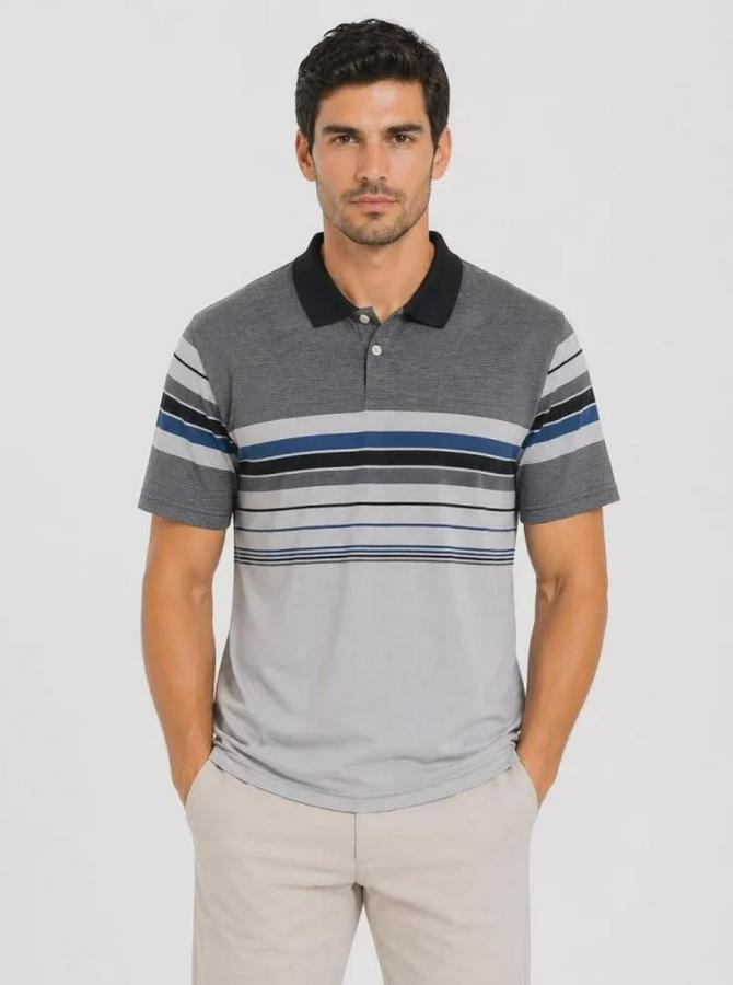 Flamlı Penye Çizgili Polo Yaka Tişört Kısa Kol Yazlık T-Shirt
