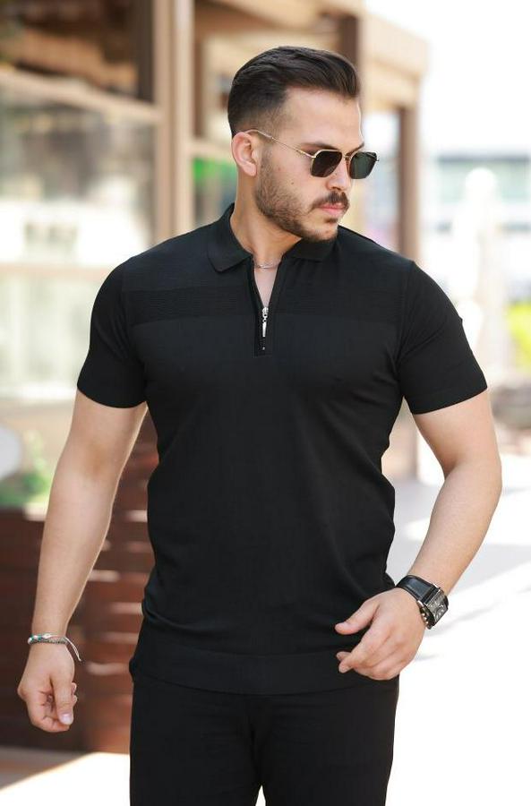 Göğüs Pirinç Desenli Fermuar Yakalı Kısa Kollu Tişört