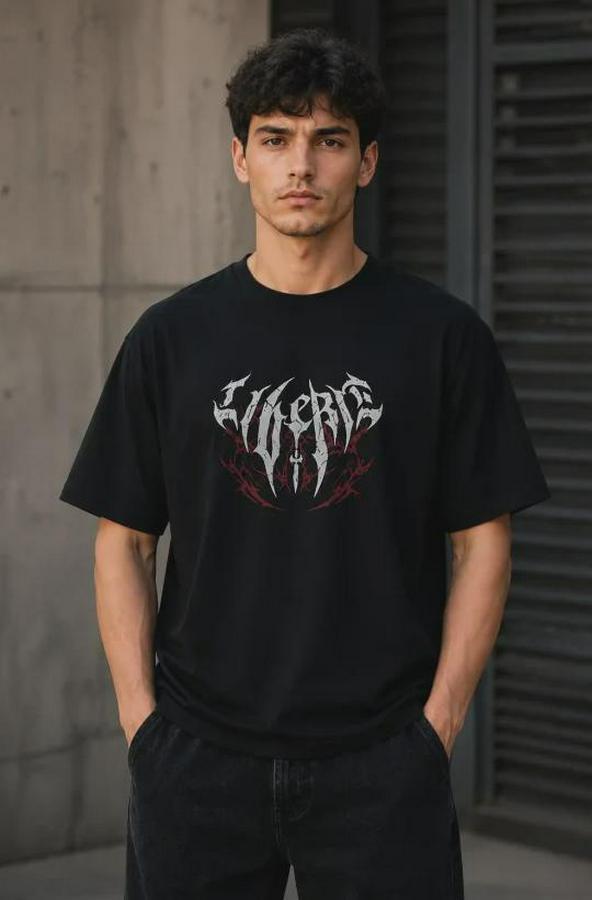 Gotik Yazı Baskılı Oversize Bisiklet Yaka T-Shirt
