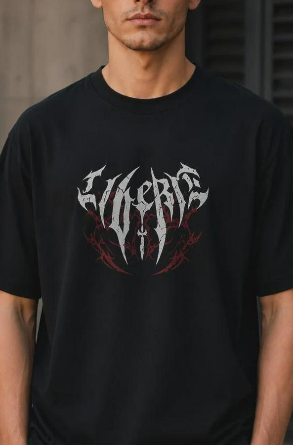 Gotik Yazı Baskılı Oversize Bisiklet Yaka T-Shirt