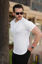 Hakim Yaka Dokuma Pamuklu Kumaş Kısa Kollu T-Shirt