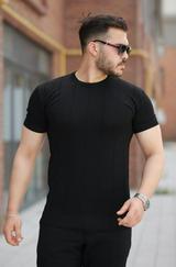 Ince Çizgi Dokulu Bisiklet Yaka Kısa Kollu T-Shirt