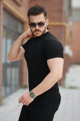 Ince Çizgi Dokulu Bisiklet Yaka Kısa Kollu T-Shirt