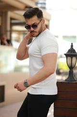 Ince Çizgi Dokulu Bisiklet Yaka Kısa Kollu T-Shirt