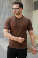 Kısa Kollu Bisiklet Yaka Çizgili Triko Tişört