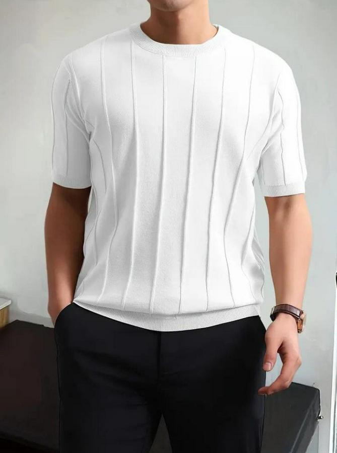 Kısa Kollu Bisiklet Yaka Çizgili Triko Tshirt