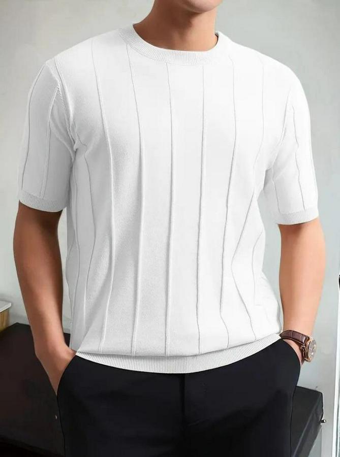 Kısa Kollu Bisiklet Yaka Çizgili Triko Tshirt