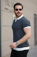 Kısa Kollu Çizgi Desenli Örme Kumaş Tshirt