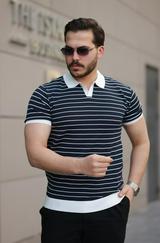 Kısa Kollu Çizgi Desenli Örme Kumaş Tshirt