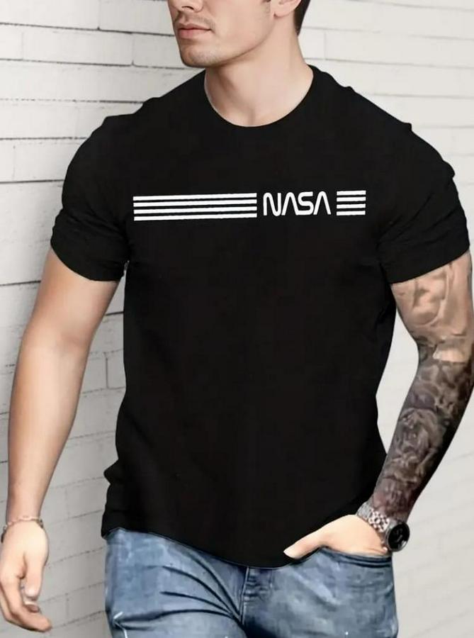 Kısa Kollu Nasa Baskı Bisiklet Yaka T-Shirt