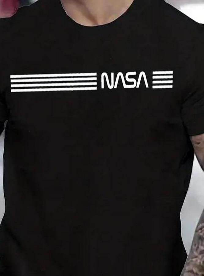 Kısa Kollu Nasa Baskı Bisiklet Yaka T-Shirt