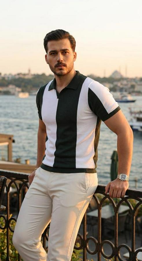 Kısa Kollu Polo Yakalı Blok Desenli Triko Bluz