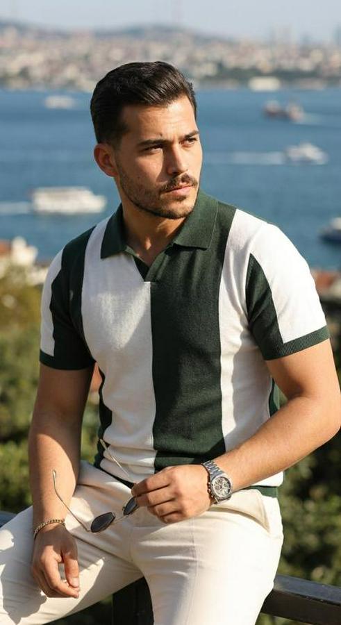 Kısa Kollu Polo Yakalı Blok Desenli Triko Bluz