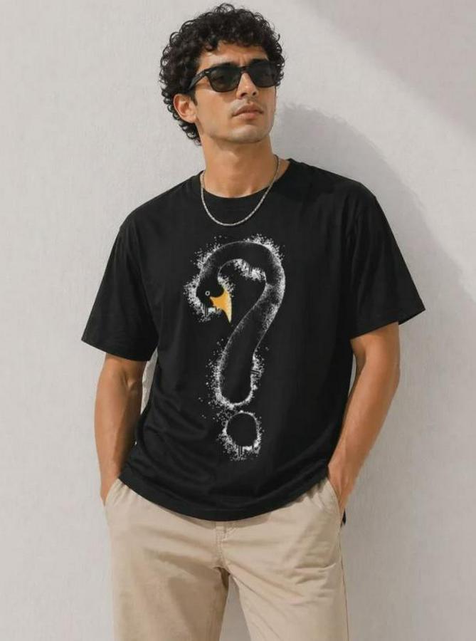 Kuğu Figürlü Soru Işareti Baskılı Tişört Kısa Kol T-Shirt