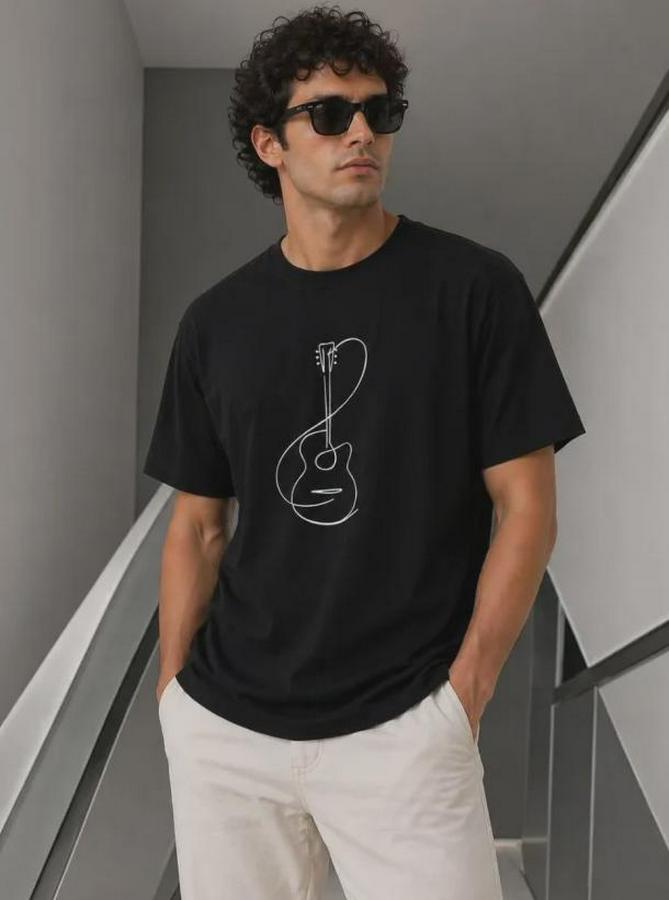 Minimal Gitar Baskılı Tişört T-Shirt Yazlık Kısa Kol Bisiklet Yaka T-Shirt