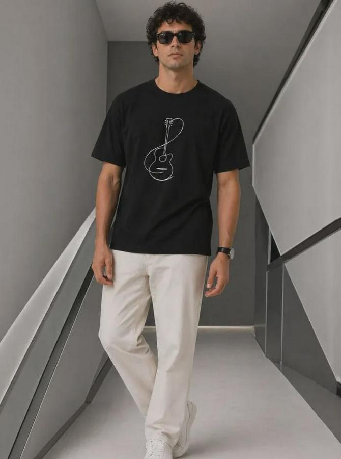 Minimal Gitar Baskılı Tişört T-Shirt Yazlık Kısa Kol Bisiklet Yaka T-Shirt
