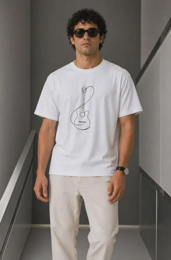 Minimal Gitar Baskılı Tişört T-Shirt Yazlık Kısa Kol Bisiklet Yaka T-Shirt