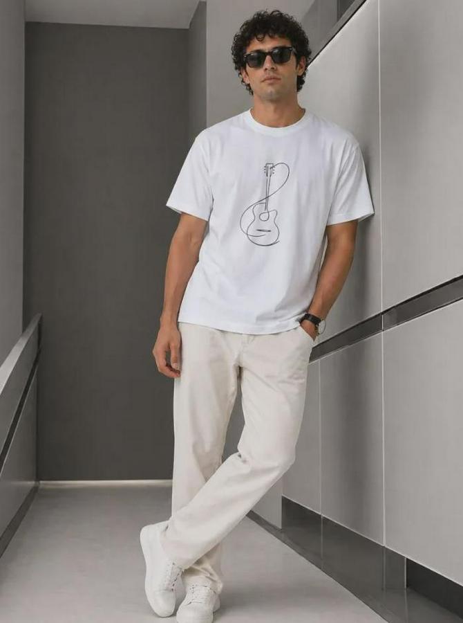 Minimal Gitar Baskılı Tişört T-Shirt Yazlık Kısa Kol Bisiklet Yaka T-Shirt