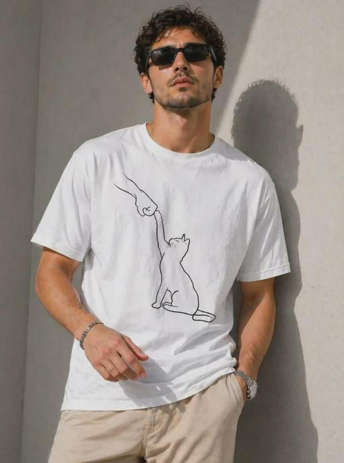 Minimal Kedi Çizim Baskılı Tişört Kısa Kol Yazlık T-Shirt