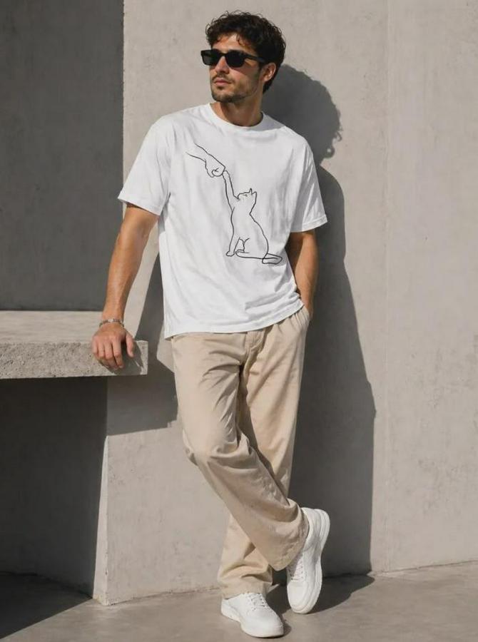 Minimal Kedi Çizim Baskılı Tişört Kısa Kol Yazlık T-Shirt