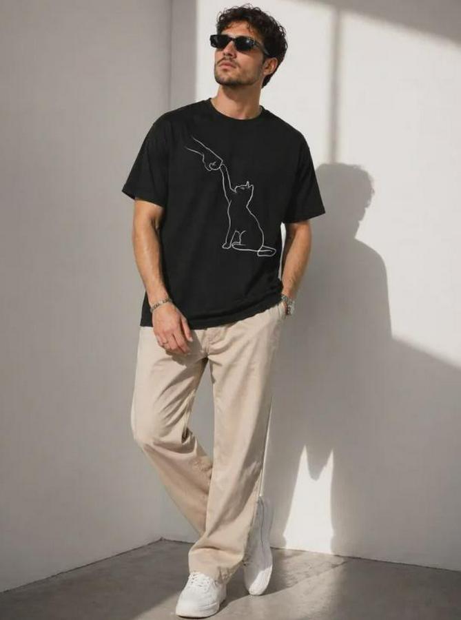 Minimal Kedi Çizim Baskılı Tişört Kısa Kol Yazlık T-Shirt
