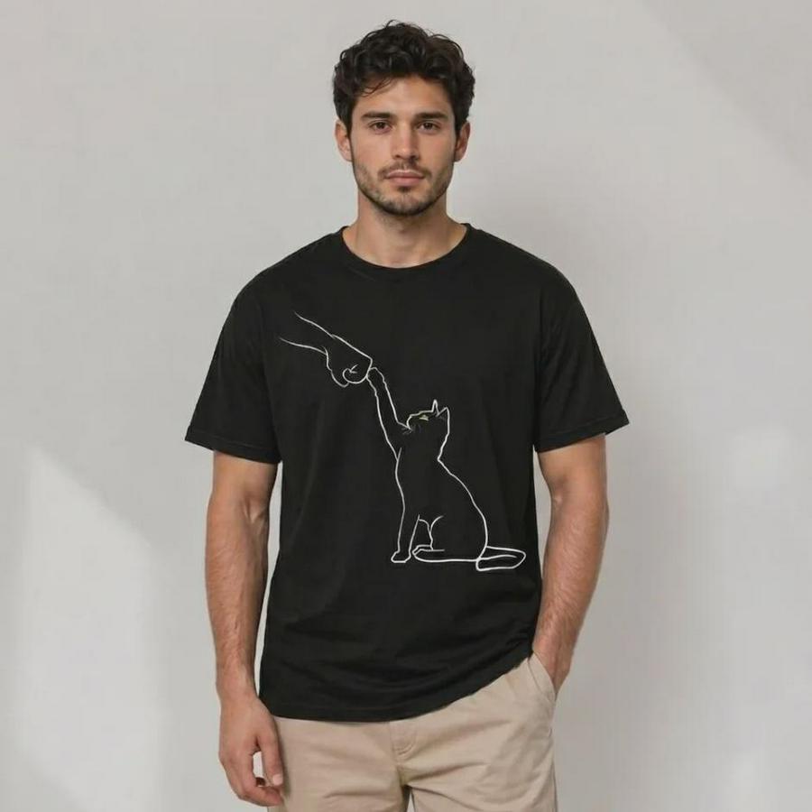 Minimal Kedi Çizim Baskılı Tişört Kısa Kol Yazlık T-Shirt