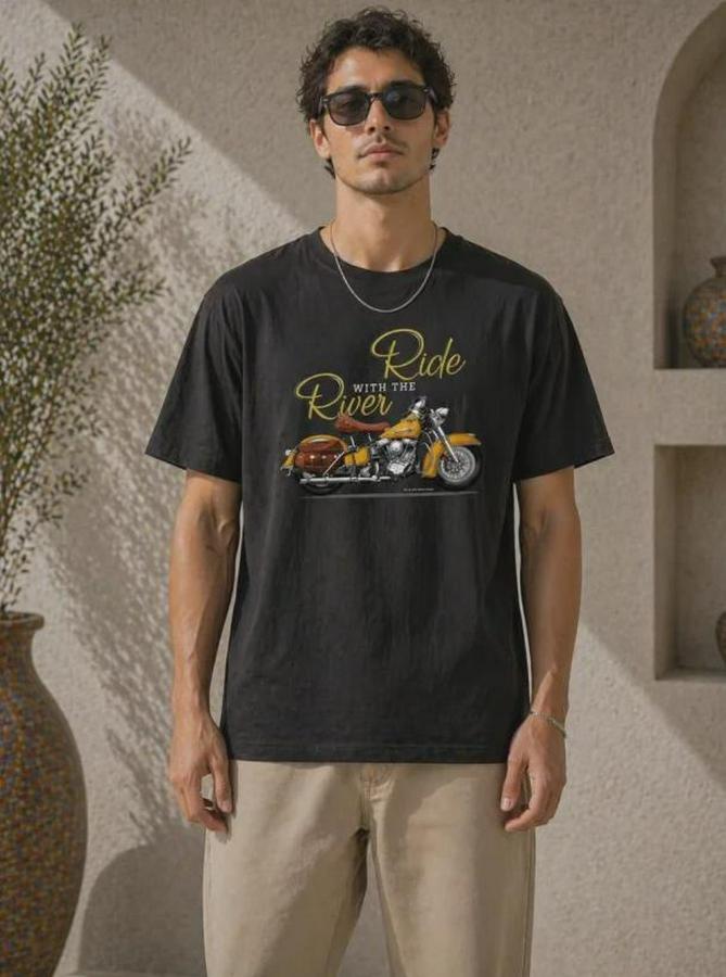 Motosiklet Baskılı Tişört Bisiklet Yaka Kısa Kol Yazlık T-Shirt