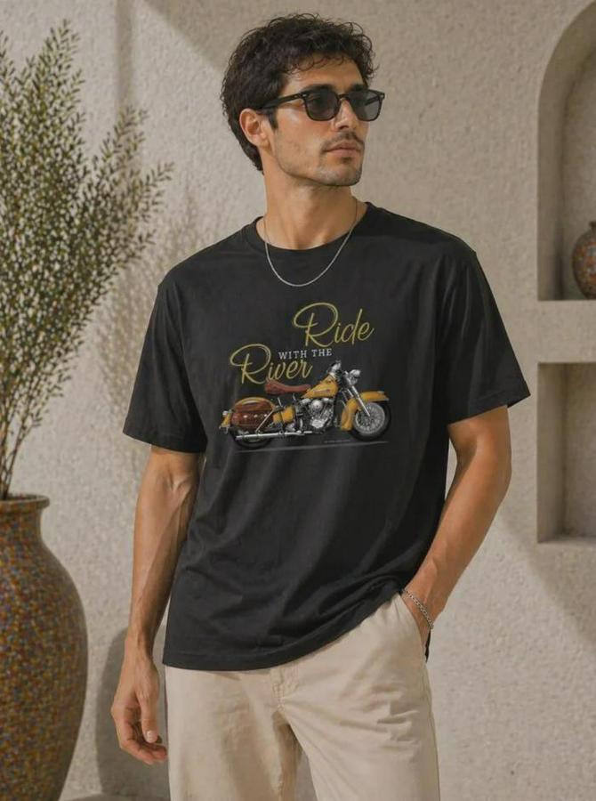 Motosiklet Baskılı Tişört Bisiklet Yaka Kısa Kol Yazlık T-Shirt
