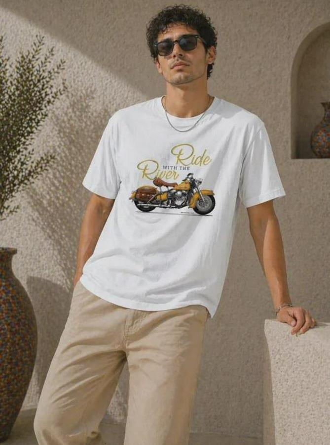 Motosiklet Baskılı Tişört Bisiklet Yaka Kısa Kol Yazlık T-Shirt