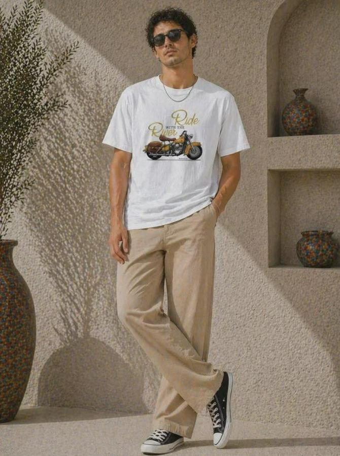 Motosiklet Baskılı Tişört Bisiklet Yaka Kısa Kol Yazlık T-Shirt