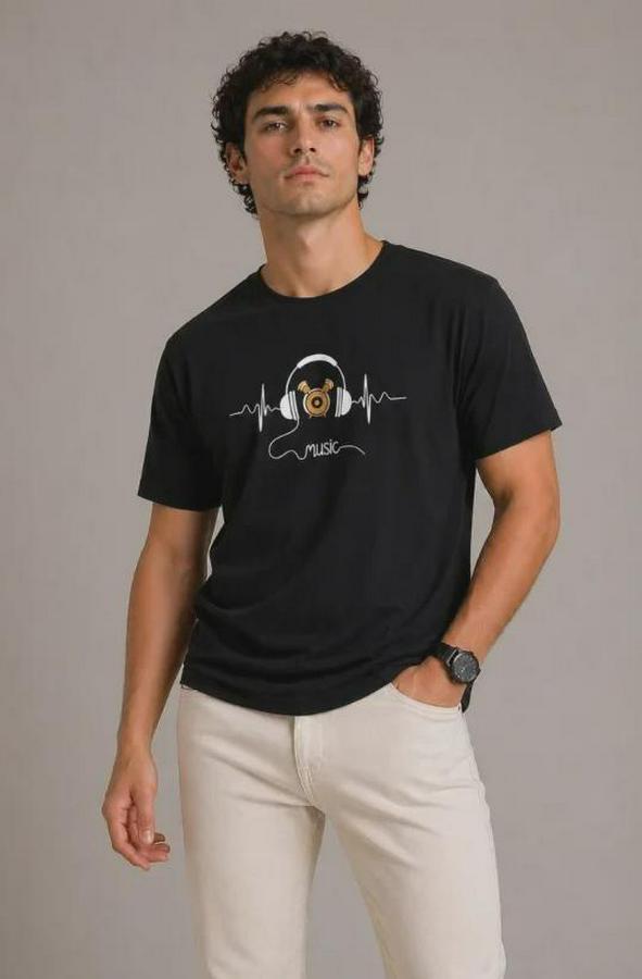 Müzik Temalı Baskılı Tişört Bisiklet Yaka Kısa Kol T-Shirt