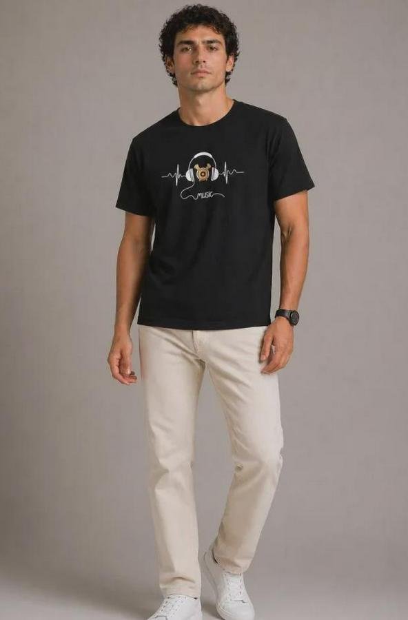 Müzik Temalı Baskılı Tişört Bisiklet Yaka Kısa Kol T-Shirt