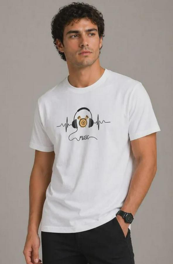 Müzik Temalı Baskılı Tişört Bisiklet Yaka Kısa Kol T-Shirt