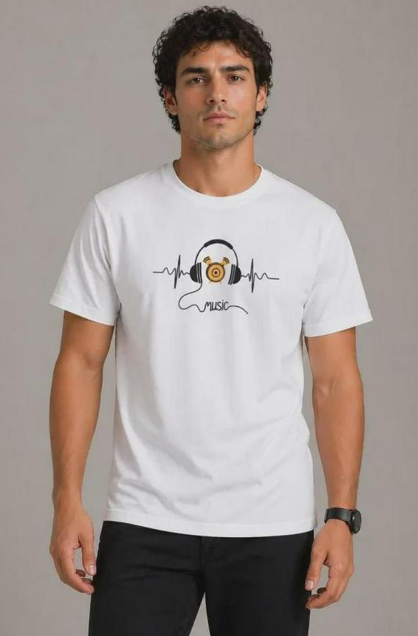 Müzik Temalı Baskılı Tişört Bisiklet Yaka Kısa Kol T-Shirt