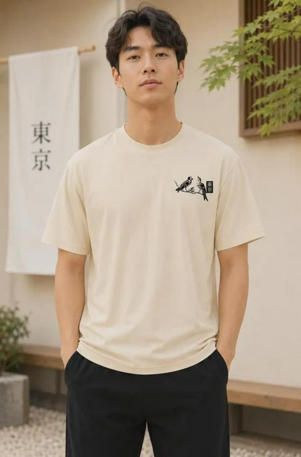 Ön Ve Arka Tokyo Kuş Çiçek Baskılı Oversize T-Shirt